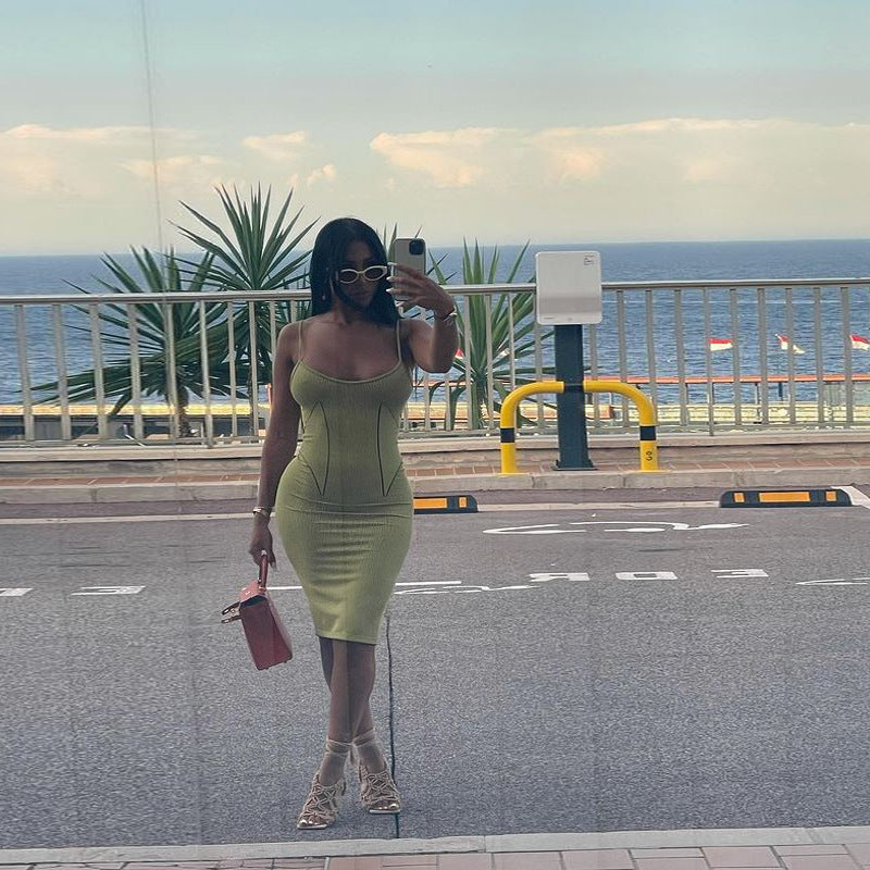 Women striped printed dress suspender style printed v-neck Bodycon 5