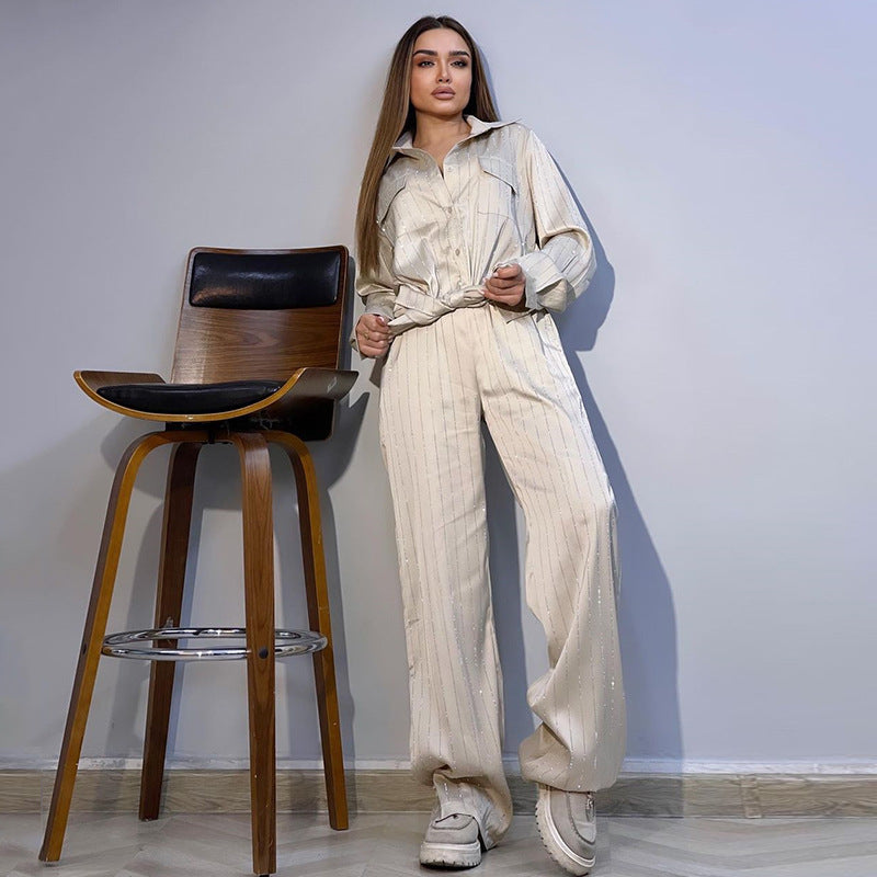 Women's Spring Fashion Loose Plus Size Printed Shirt Wide Leg Pants Casual Suit 5