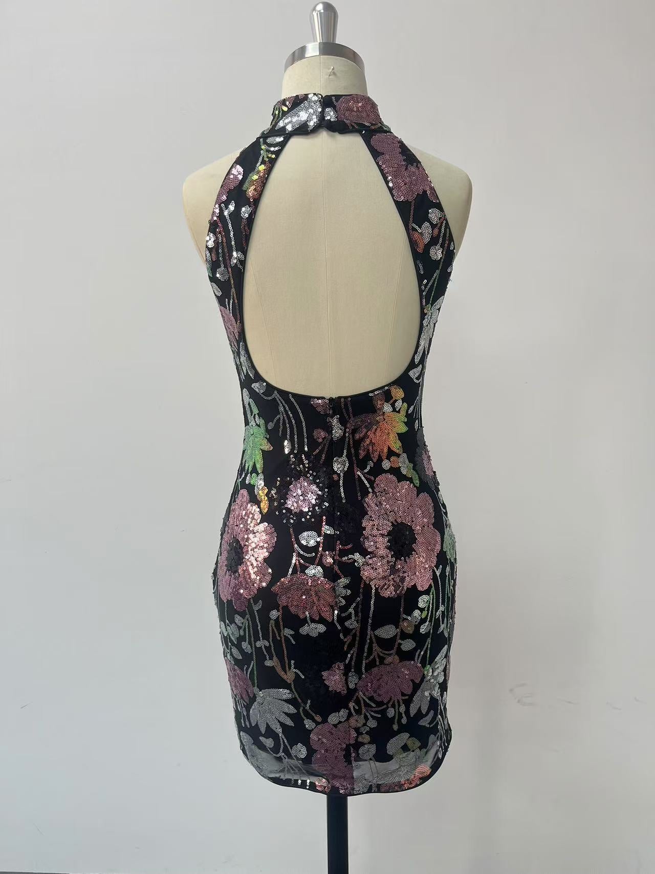 Women Spring Summer Sexy Backless Party Shiny Embroidered Flower Mini Dress 6