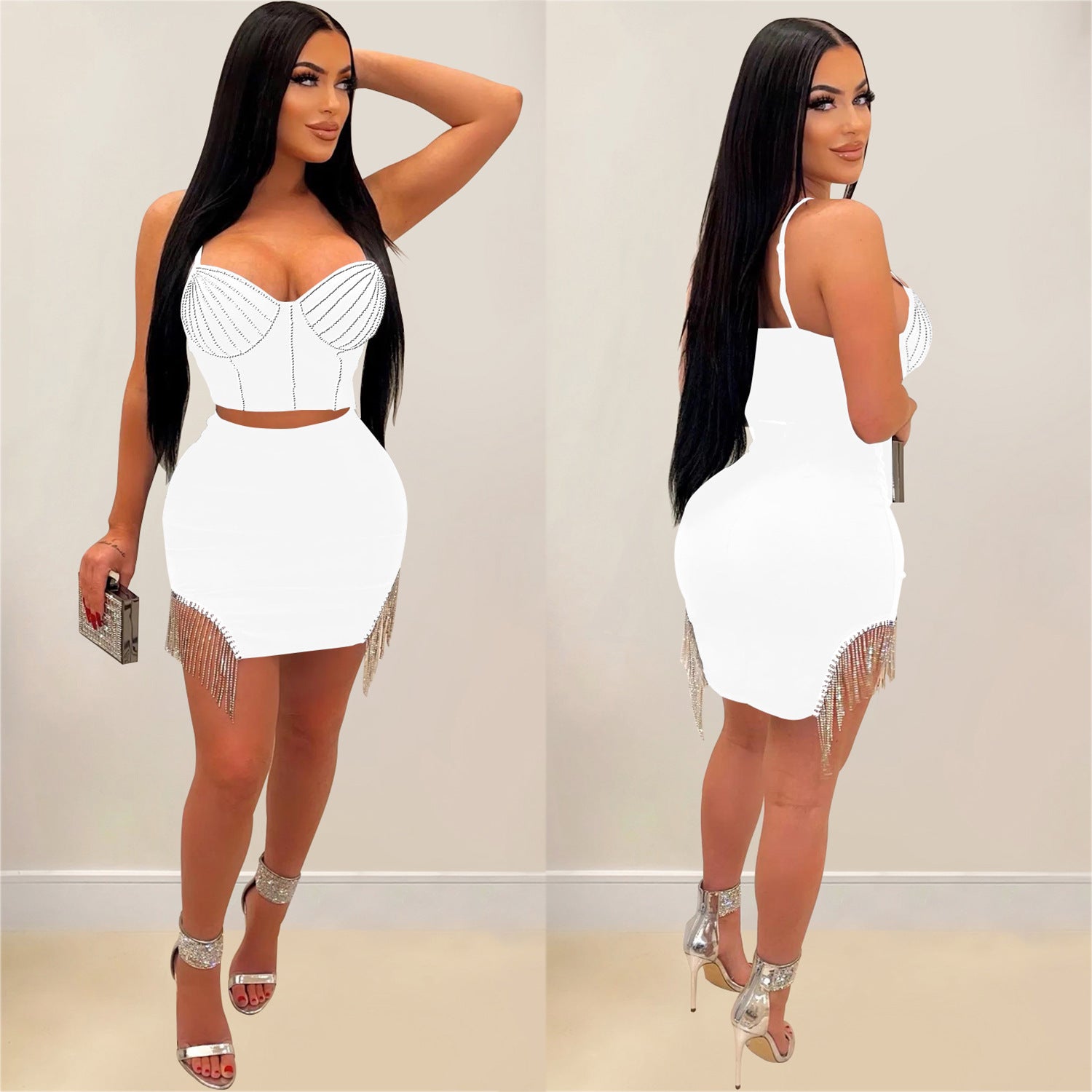 Women's Fashion Beaded Sleeveless Straps Top Tassels Skirt Two-Piece Set 6