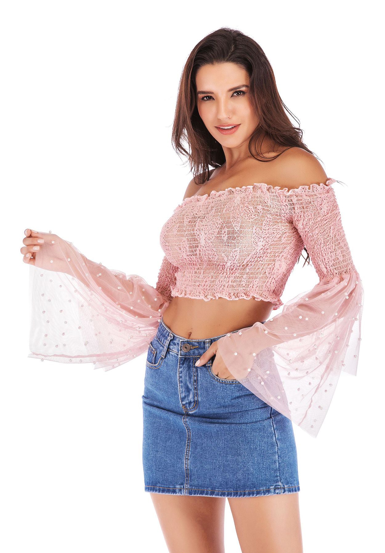 Women's Spring & Summer Off-The-Shoulder Bell Sleeve Sheer Lace Ruched Sexy Crop T-Shirt 4