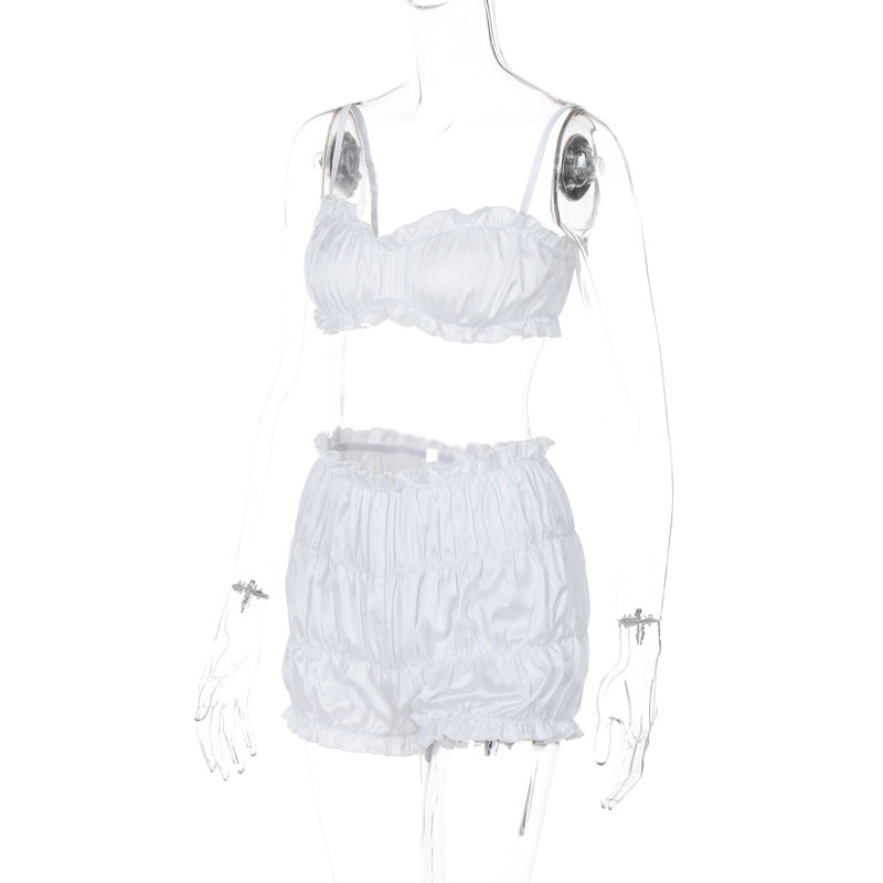 Women's Summer Fashion Sexy Strap Crop Top Pleated Shorts Two Piece Set 12