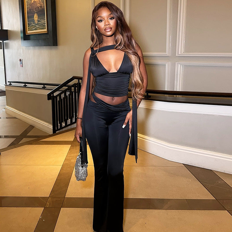 Women Sexy Solid Sleeveless V-Neck Crop Top and Pants Two-Piece Set 3