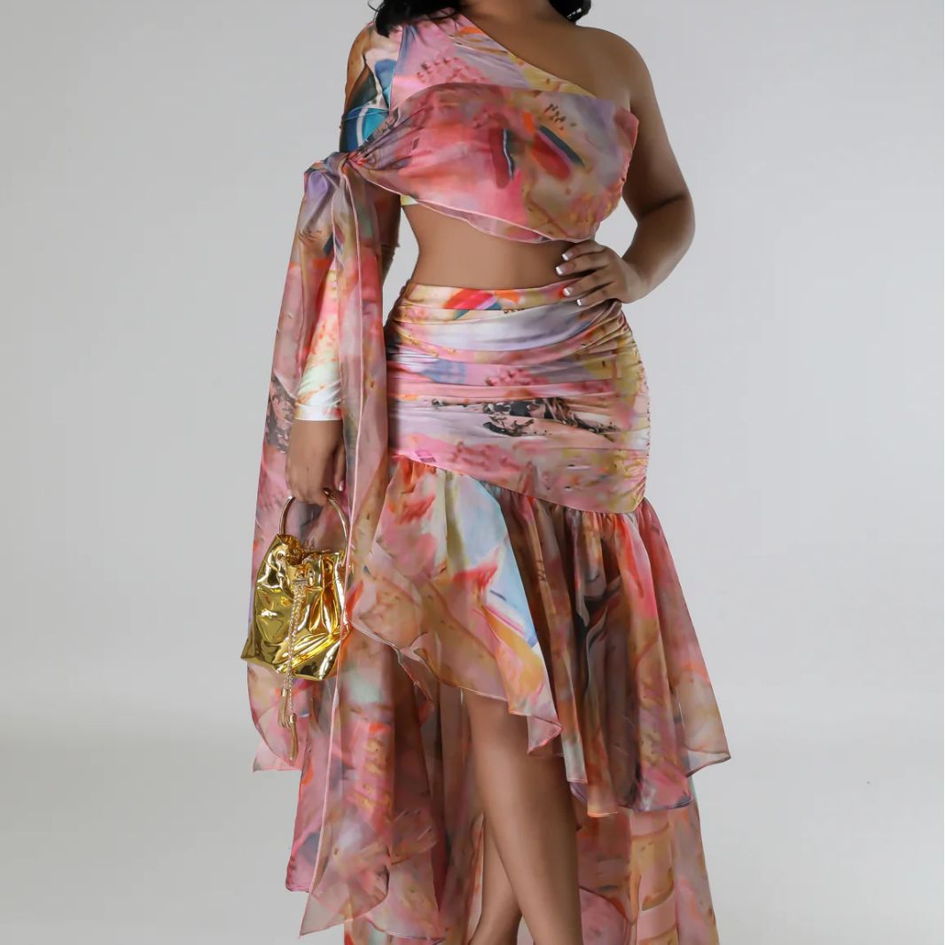 Autumn Women's Oil Painting Print Sexy High Slit Two-Piece Skirt Set 4