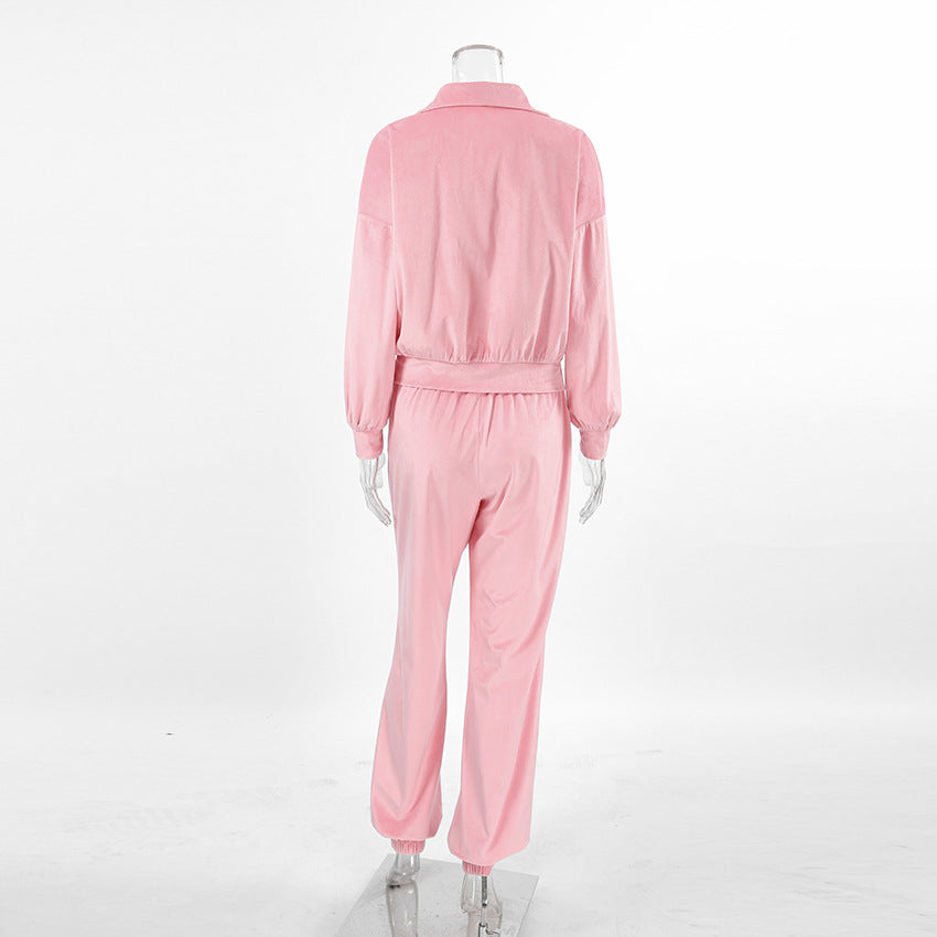 Pink Fashion Sports Suit Autumn Winter Zipper Turndown Collar Two-Piece Women Pants Set 7