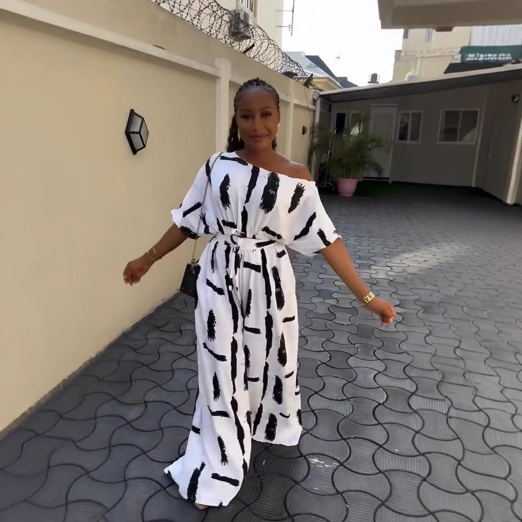 Plus Size Women Summer Off Shoulder Printed Short Sleeve Jumpsuit 3