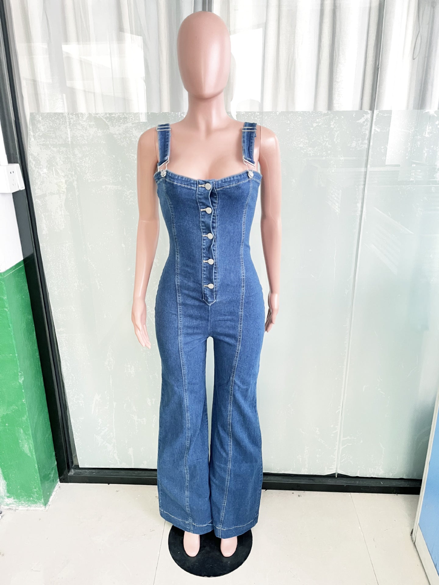 Women Fashion Casual Sexy Strap Wide Leg Denim Jumpsuit 5