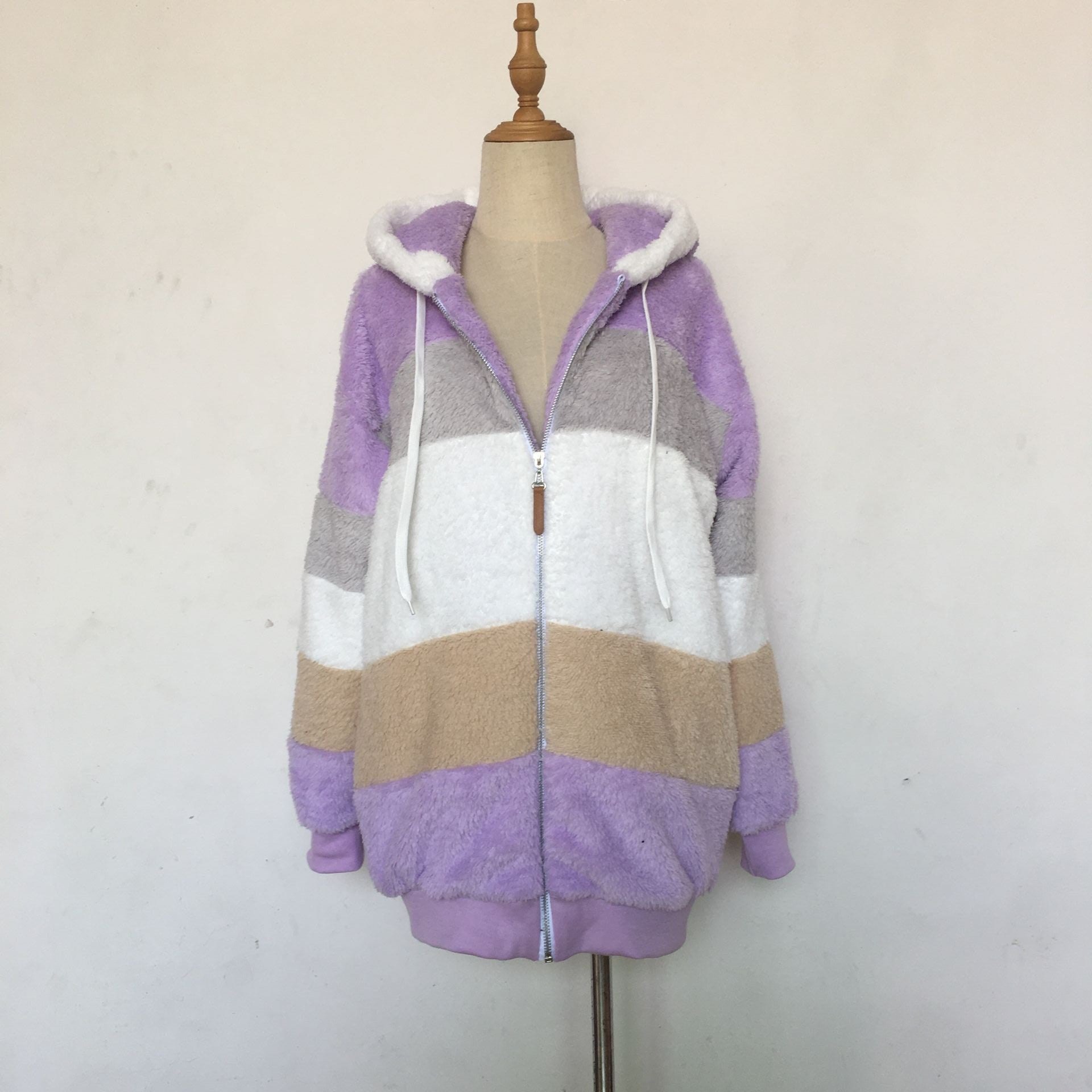 Autumn And Winter Warm Plush Patchwork Zipper Pocket Hooded Loose Coat For Women 33