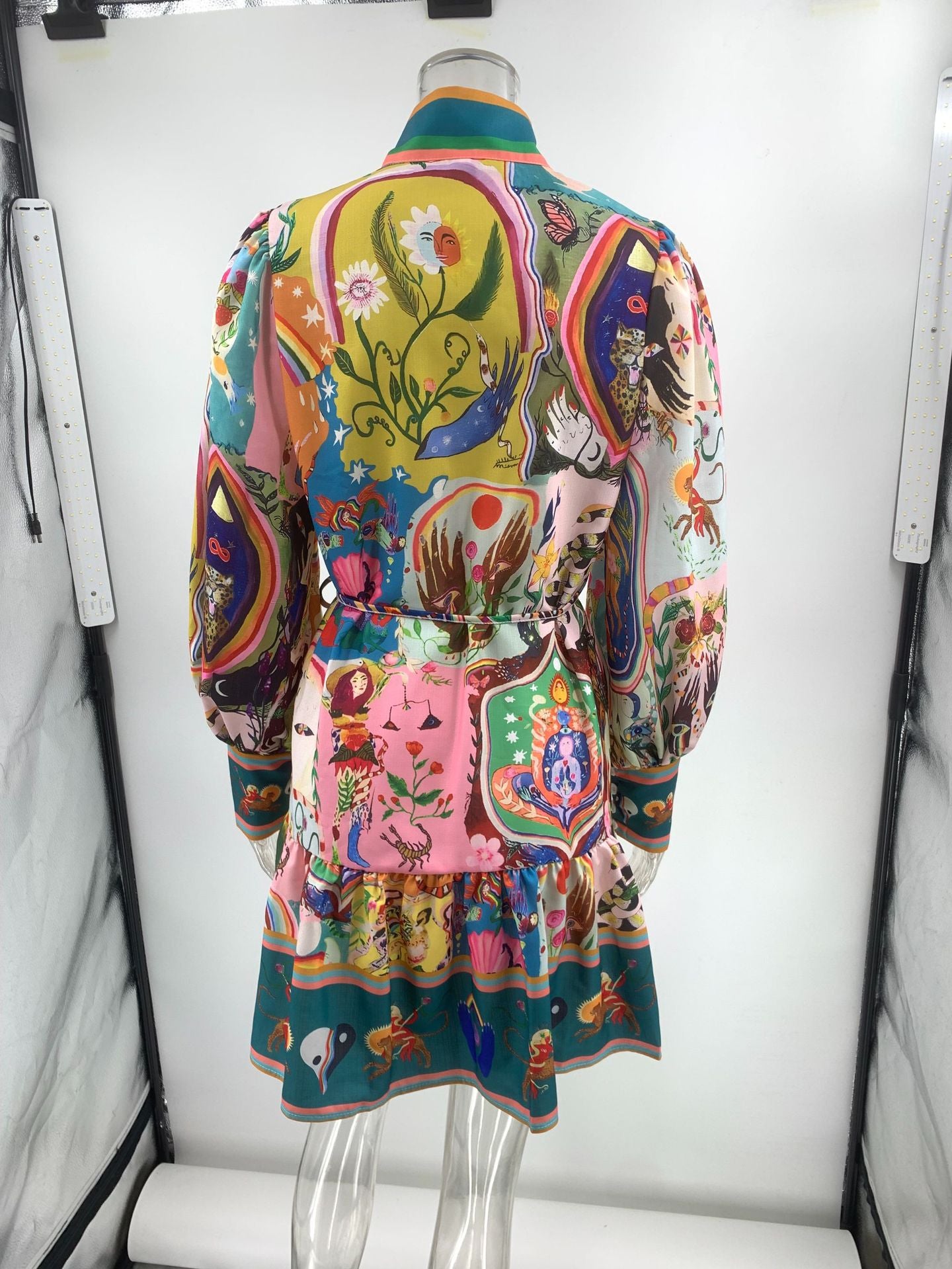 Women Long Sleeve Printed Lace-Up Pleated Dress 10