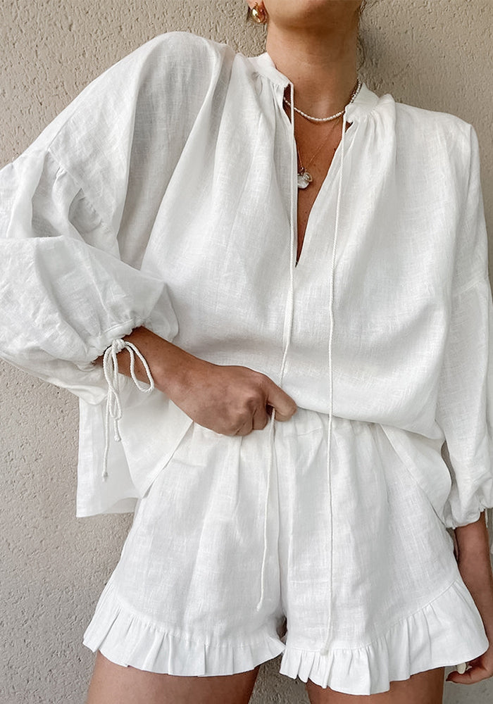 Women Spring White V-neck Lantern Sleeve Long Sleeve Top and Shorts Two-piece Set