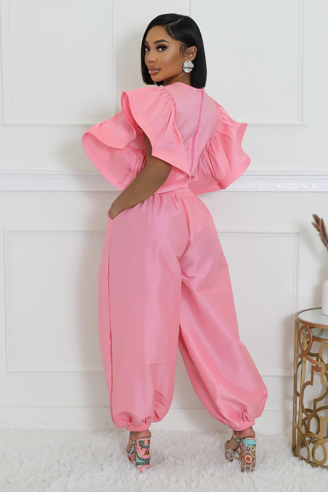 Women Ruffle Edge Sleeve Lace-Up Top and Elastic Pants Two-piece Set 9