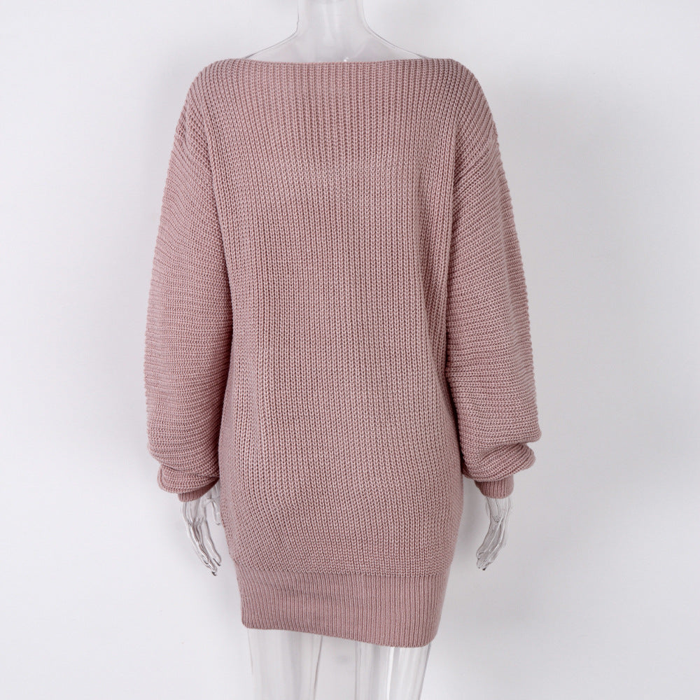 Fall/Winter Women's Long Sleeve Off Shoulder Casual Loose knitting Sweater Dress 16