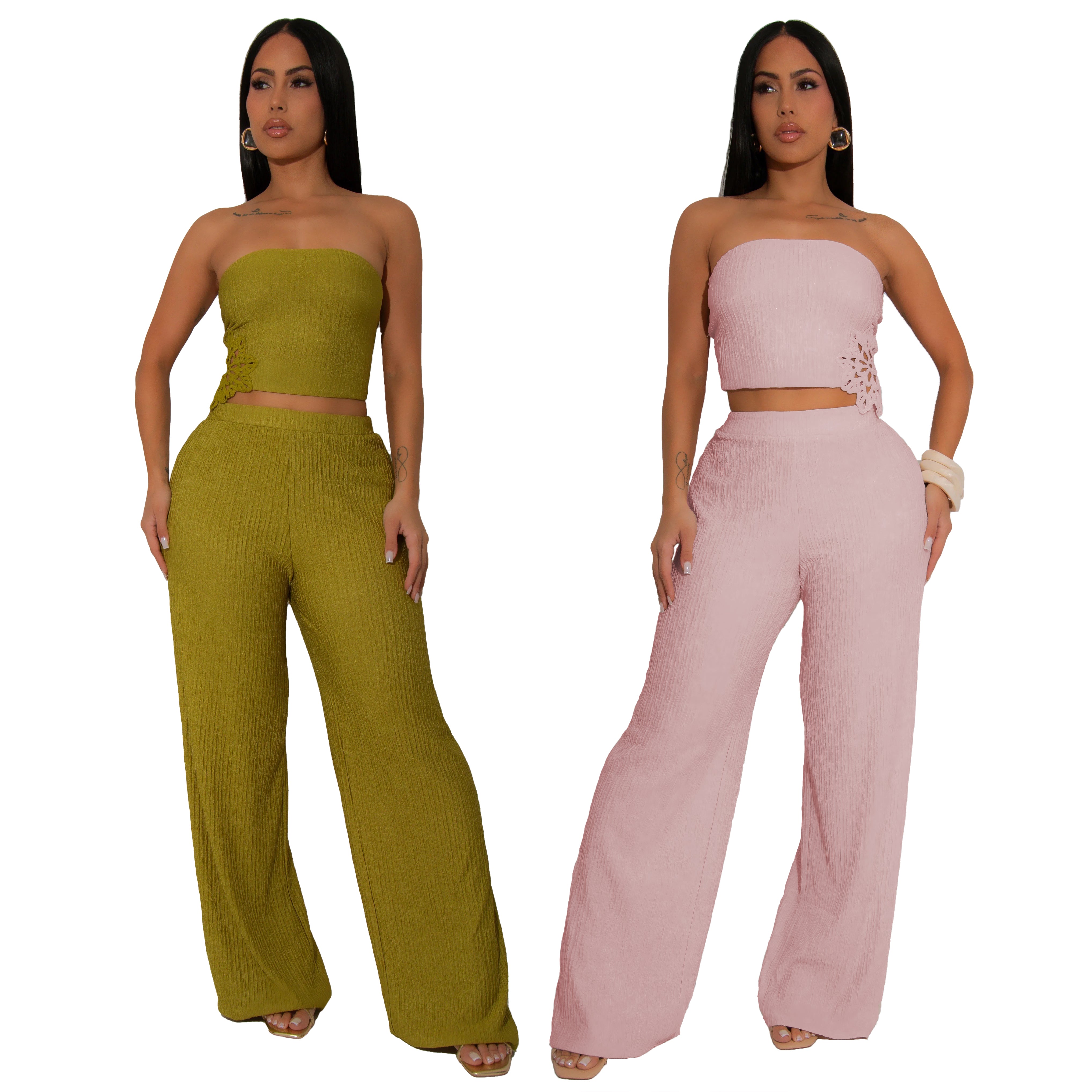 Women Sexy Pleated Strapless Top and Pants Two-piece Set 6