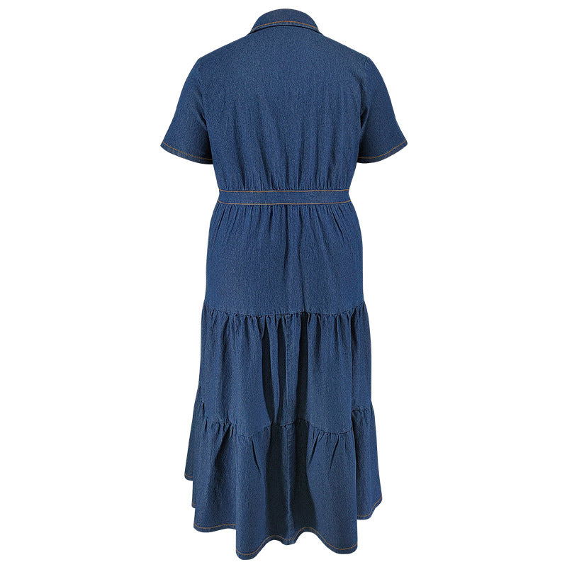 Plus Size Women Turndown Collar Button Pocket Short Sleeve Denim Long Dress 5