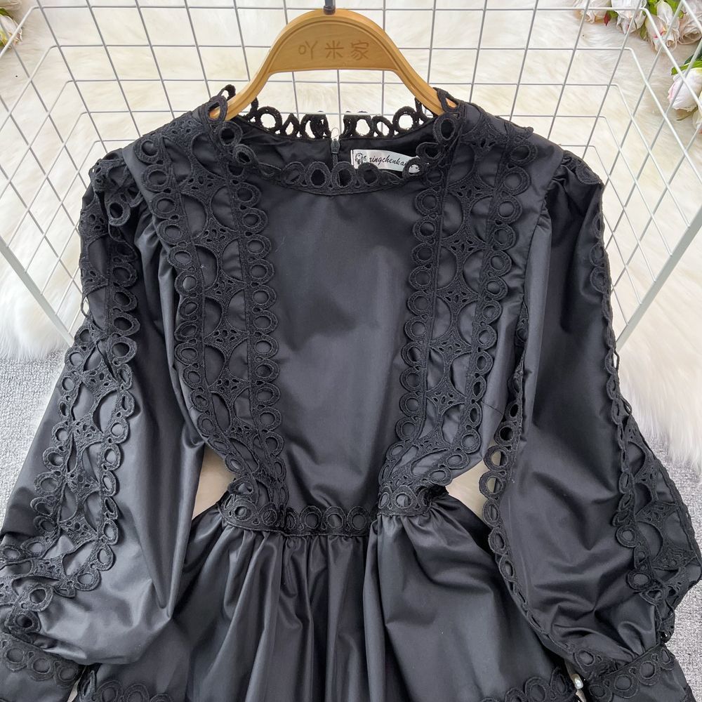Spring Autumn Retro Chic Lantern Long Sleeve Lace Hollow Patchwork Round Neck Slim Waist Casual Dress 31