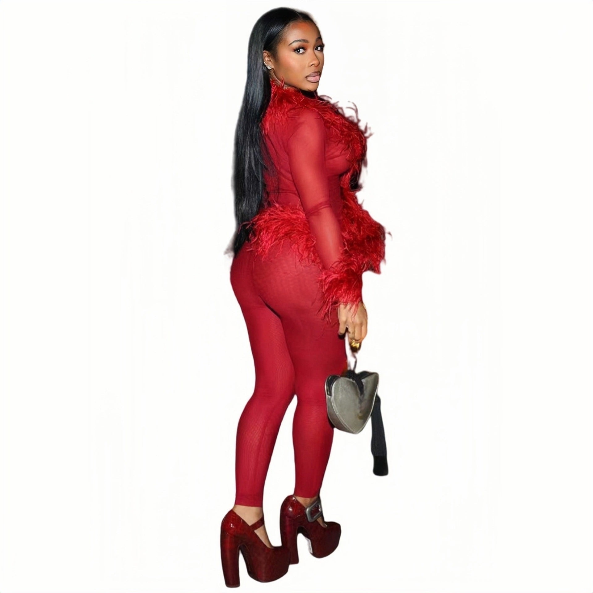 Women Sexy Mesh Feather Tassel Top and Pants Two-Piece Set 7