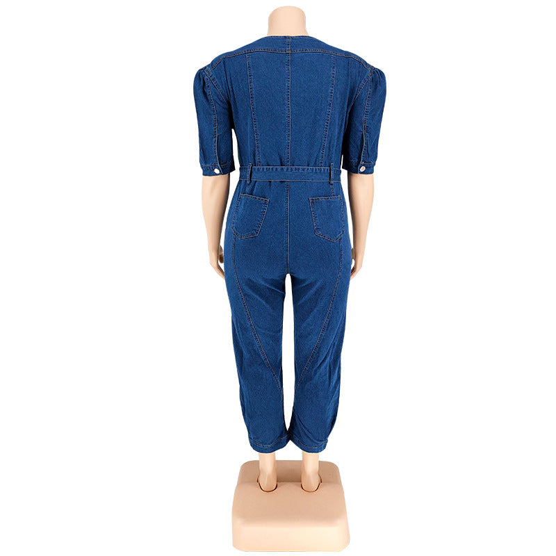 Plus Size Women summer short-sleeved zipper Denim Jumpsuit 8