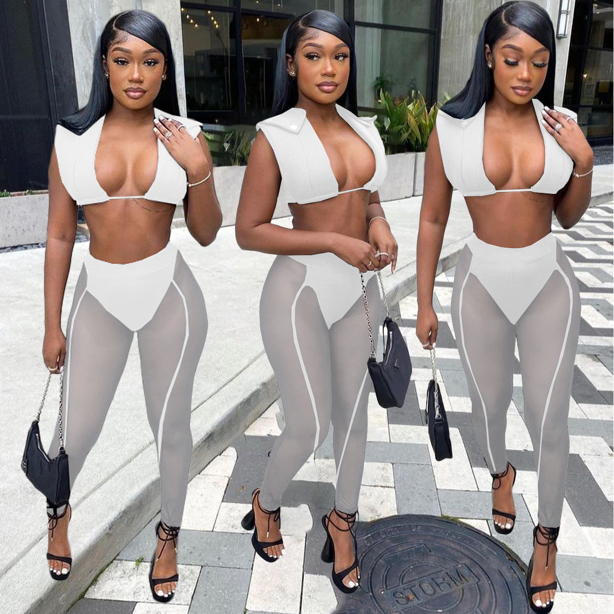 Women 's Mesh See-Through Hollow Vest Mid-Waist Sexy Pants Two Piece Set 5