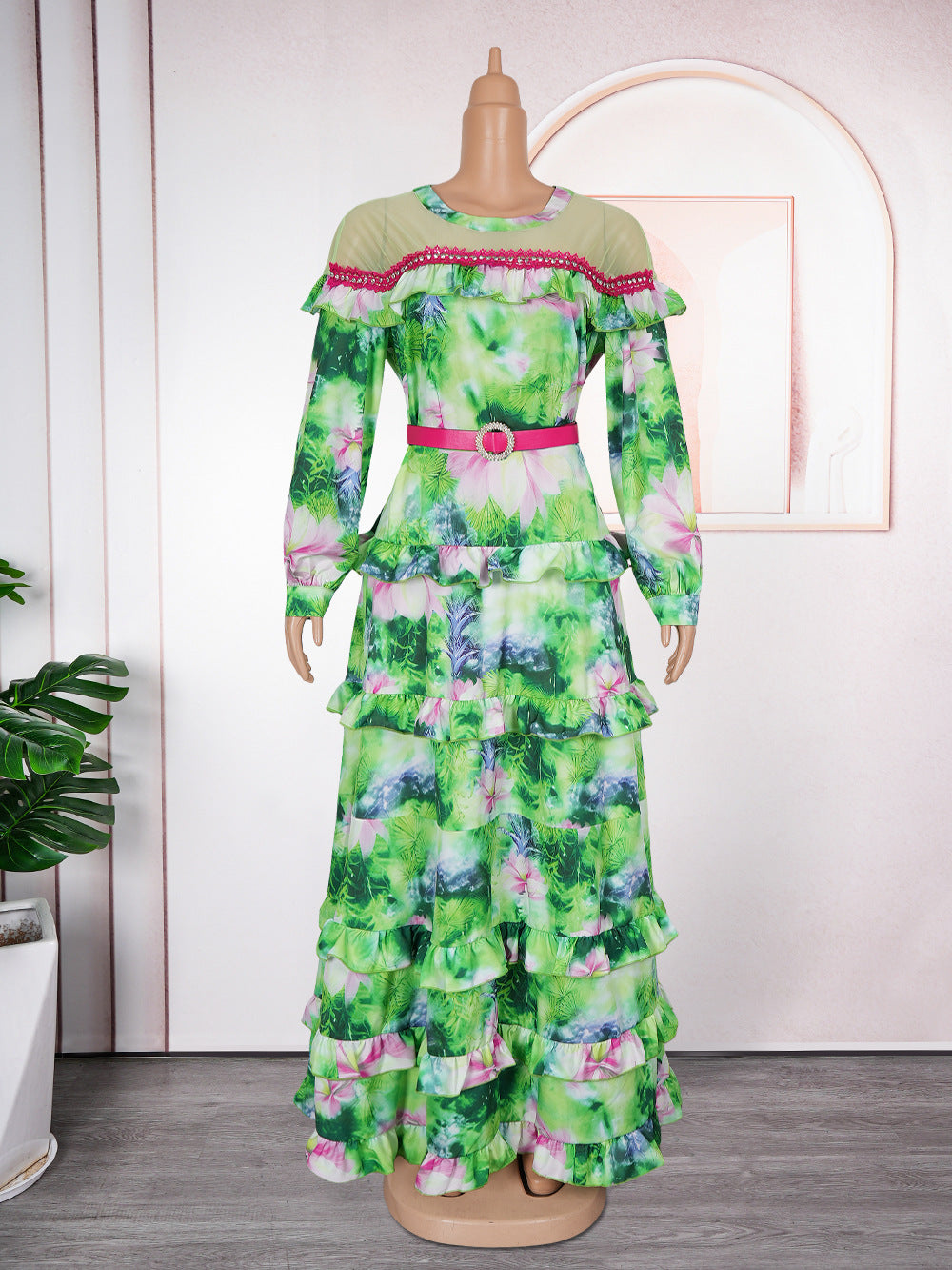 Plus-size African Women ruffled print beaded belt dress 8