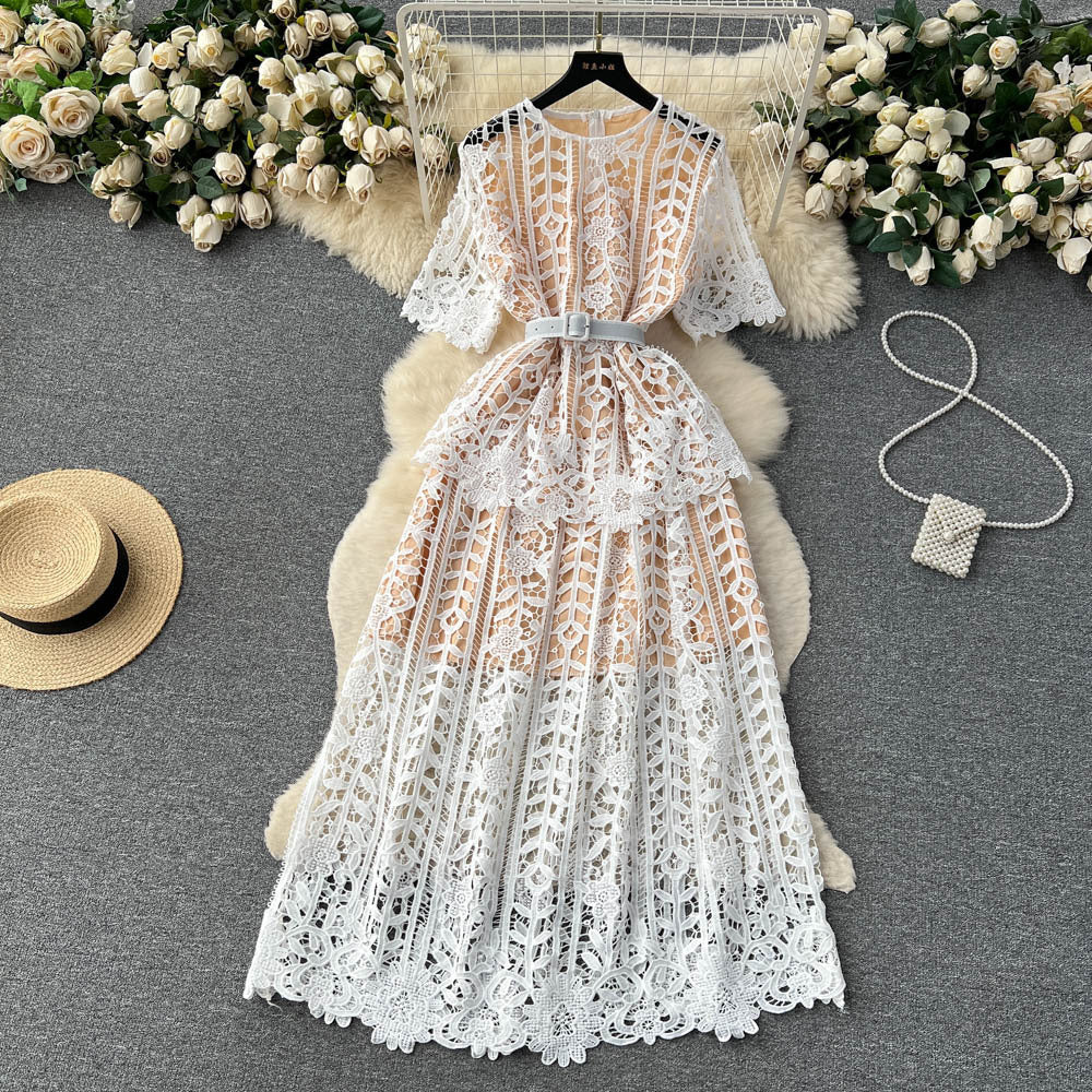 Women French-Style Short-Sleeved Openwork Lace Dress 12