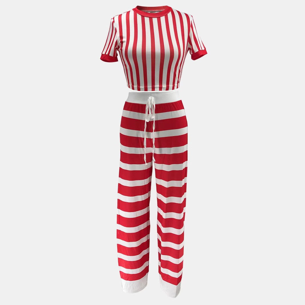 Stripe Round Neck Short Sleeve Top & Pants Set 6