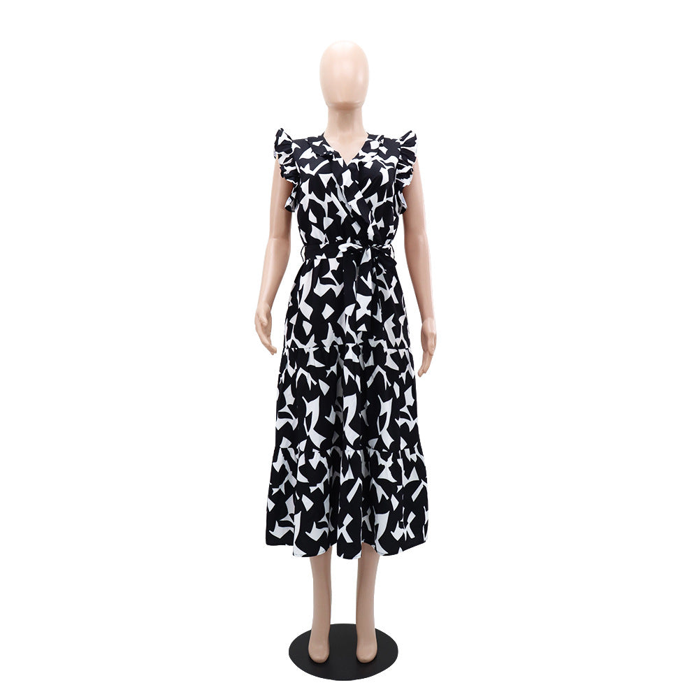 Chic Elegant Dress V-Neck Slim Waist Belt Black And White Printed Mid-Length Dress 5