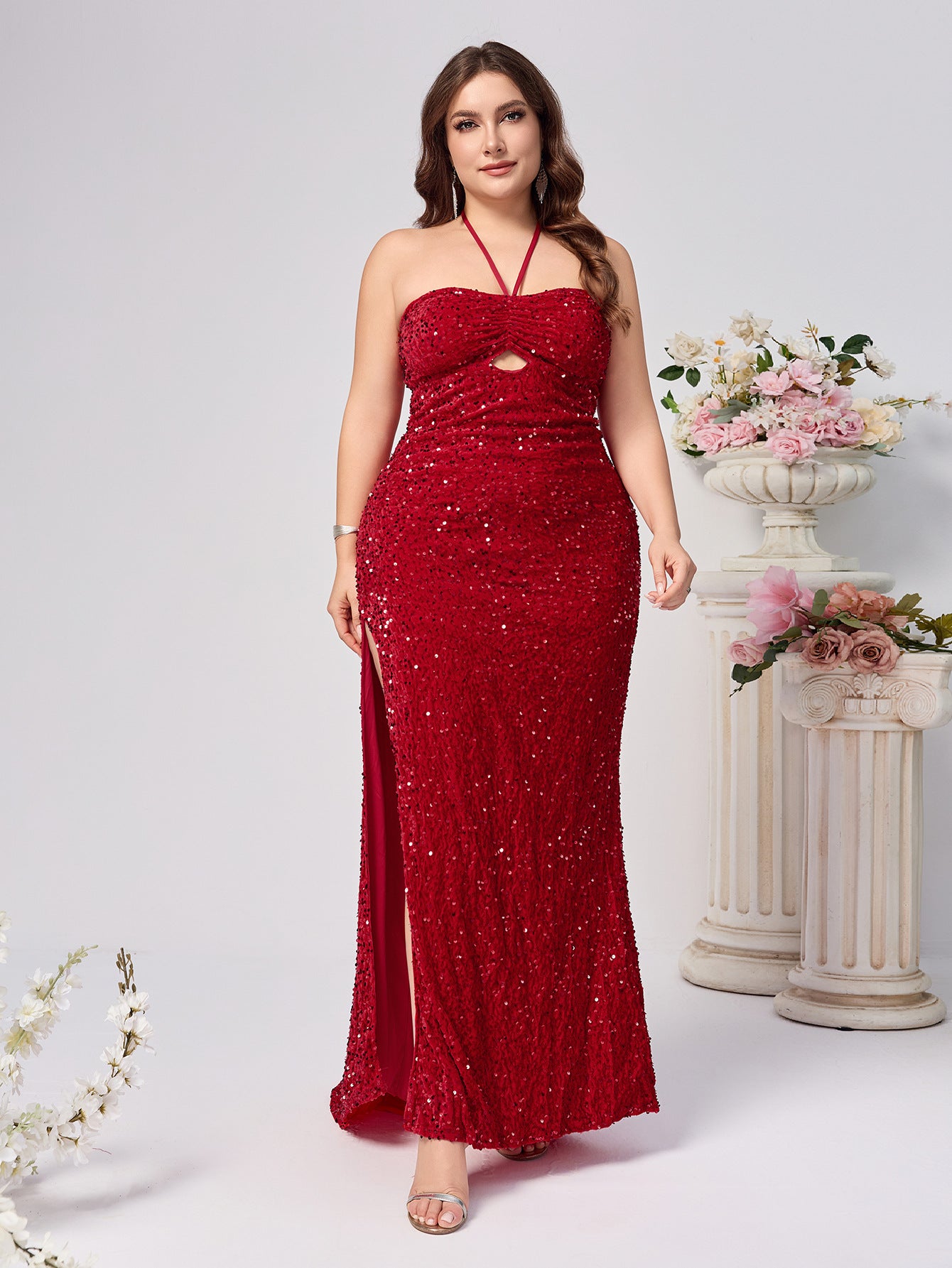 Plus Size Women Fashion Sexy Halter Neck Slit Red Sequin Evening Dresses 3
