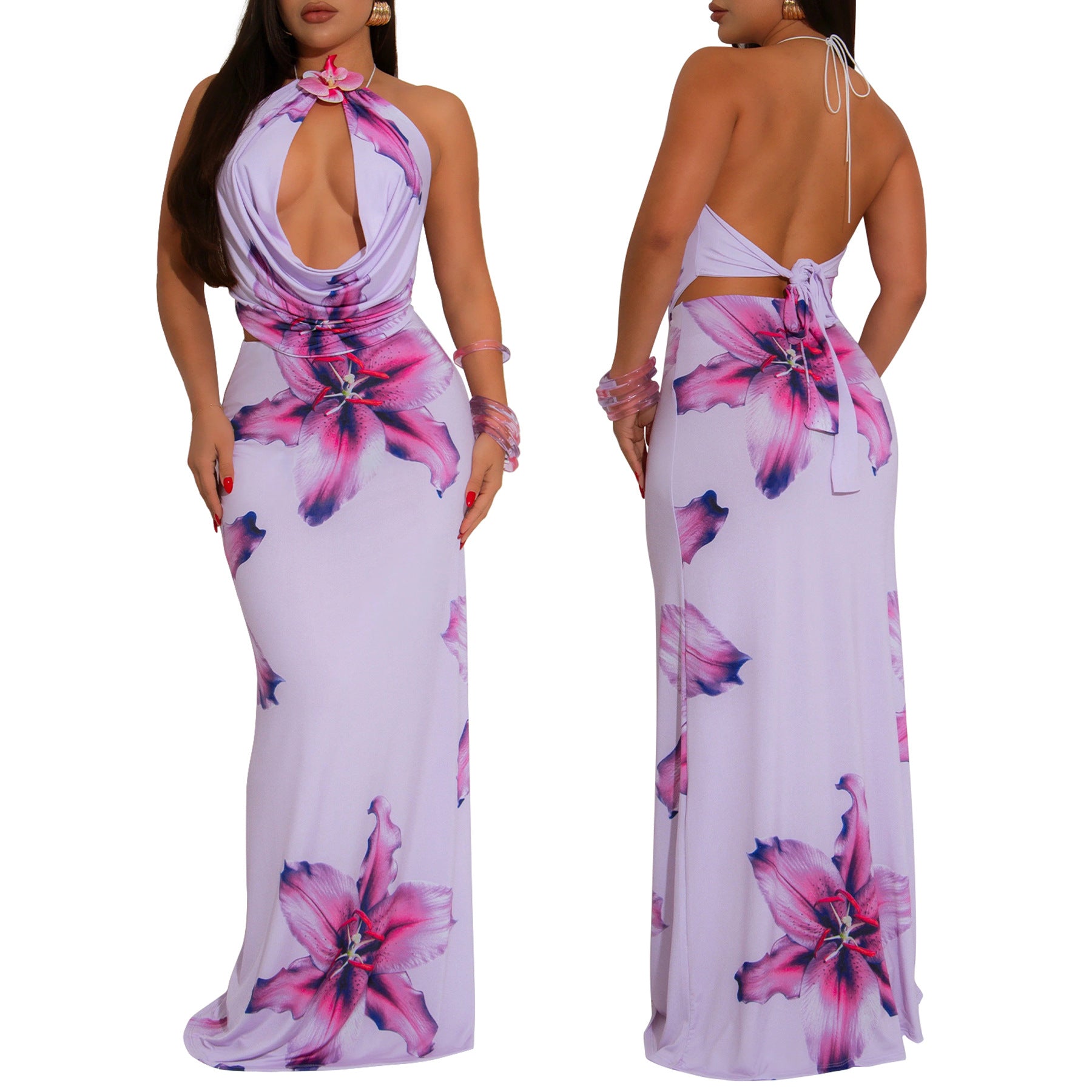 Women's sexy Draped collar low back halter neck slim fit print two piece skirt set