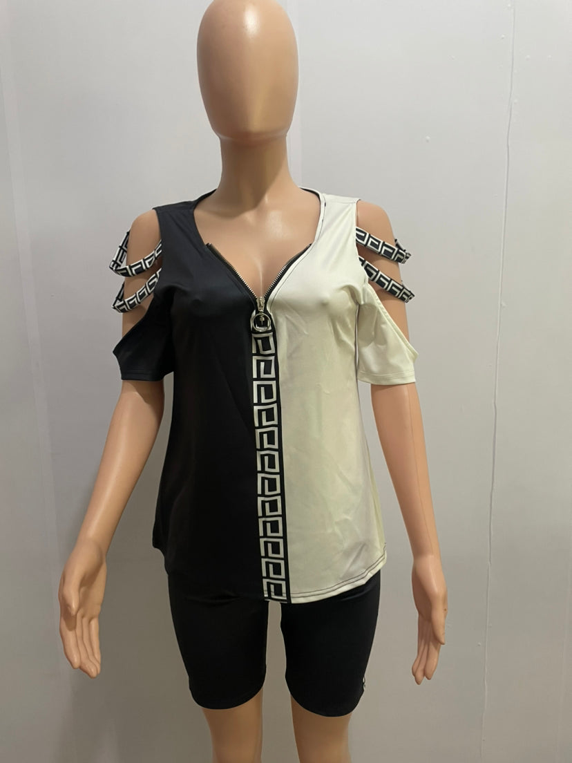 Women Contrasting Color Bandage Print Short Sleeve Top and Shorts Two-Piece Set 16