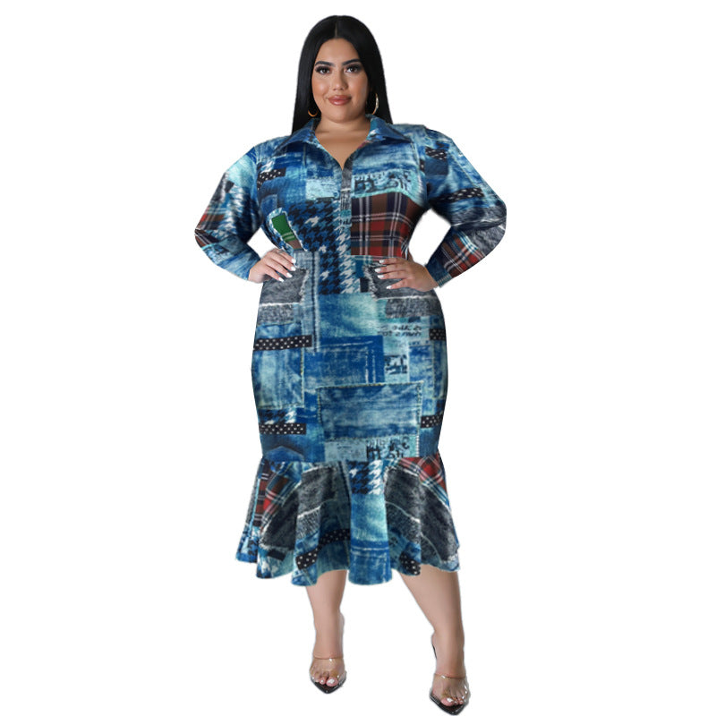 Plus Size Fall Women's Collared Open Long Sleeve Dress 15