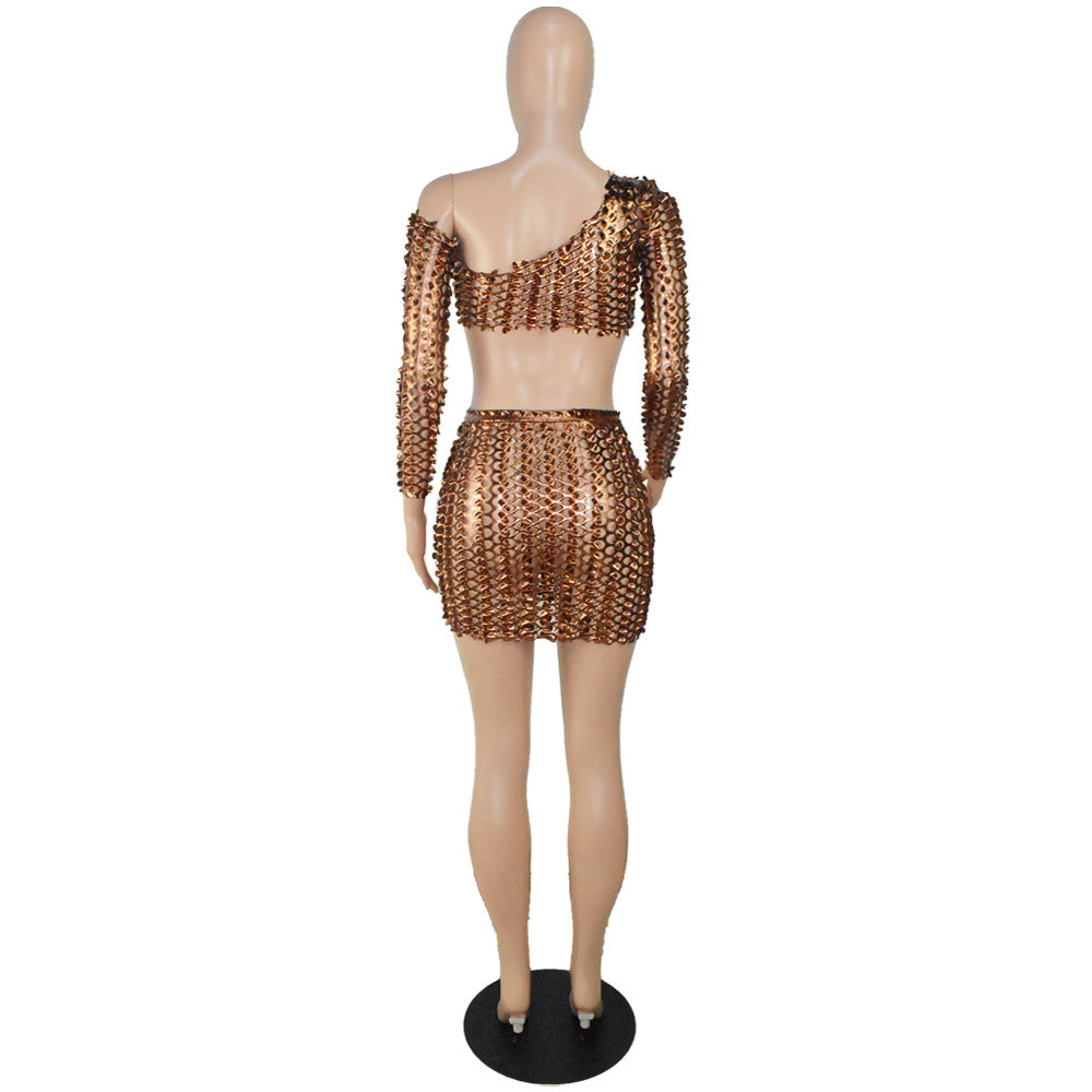 Women Sexy Mesh Hollow Hollow Long Sleeve Crop Top + Skirt Two Piece Set 19