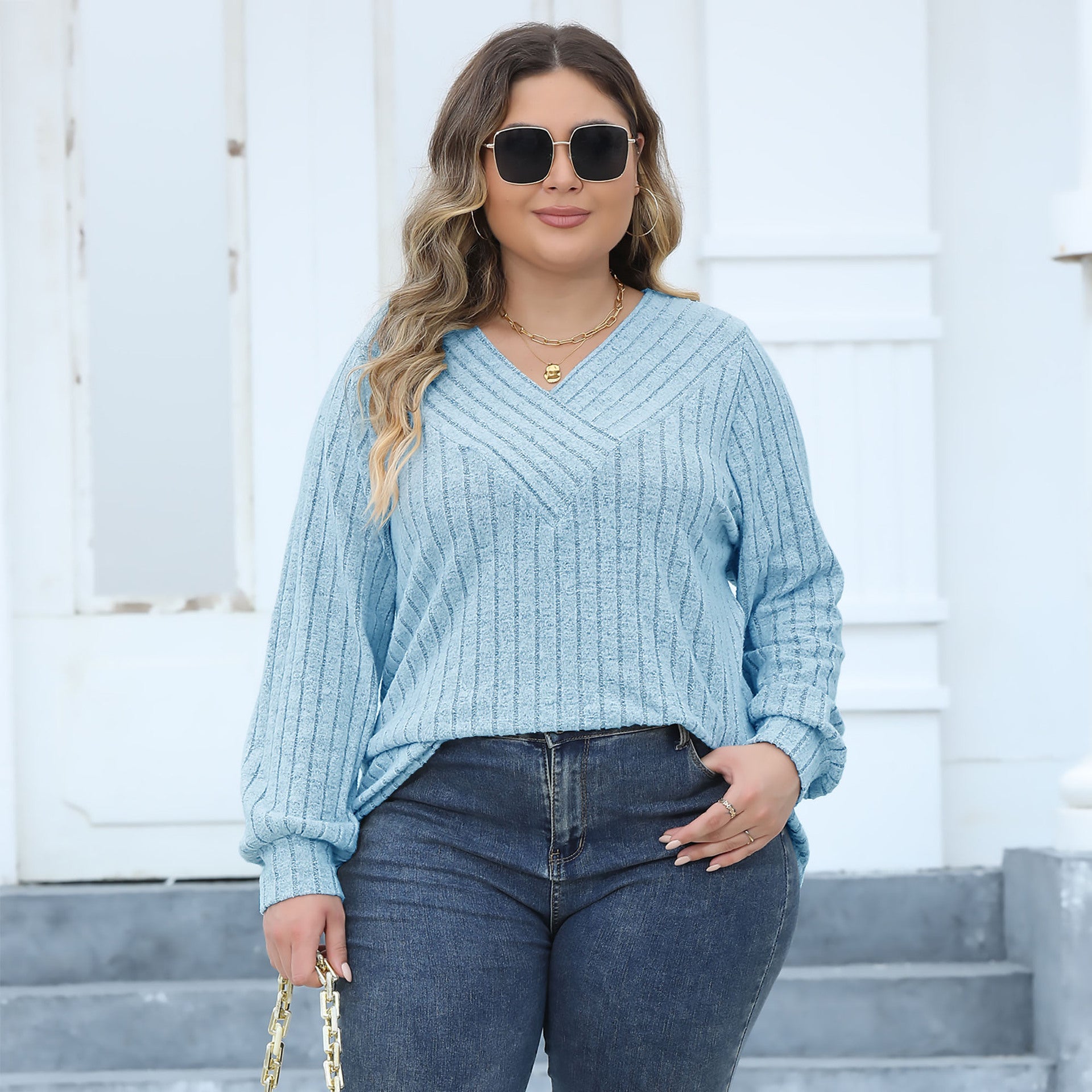 Plus Size Women Ribbed V-Neck Crossover Basic T-Shirt 13