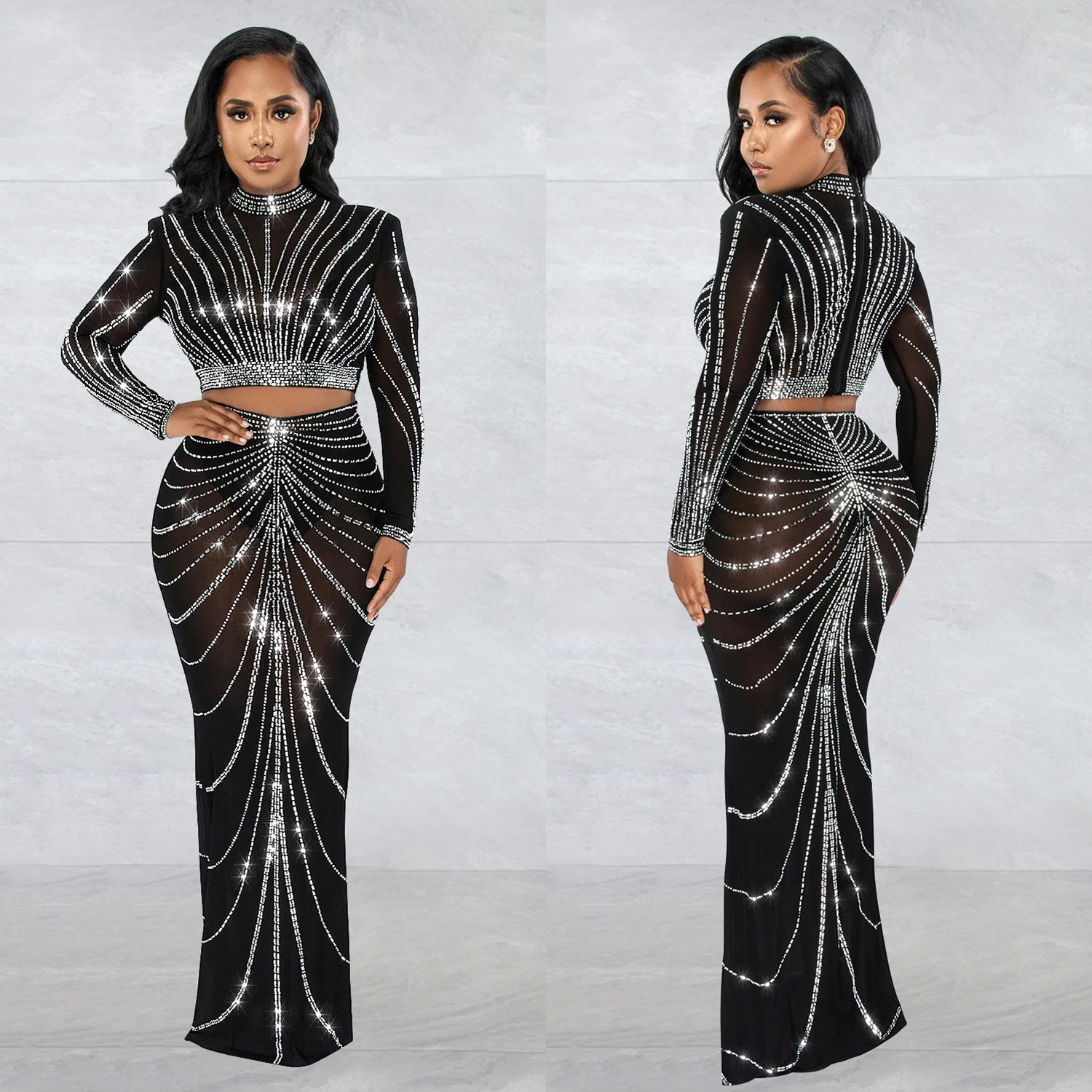 Women's Fashion Mesh Beaded See-Through Long Sleeve Long Dress Two Piece
