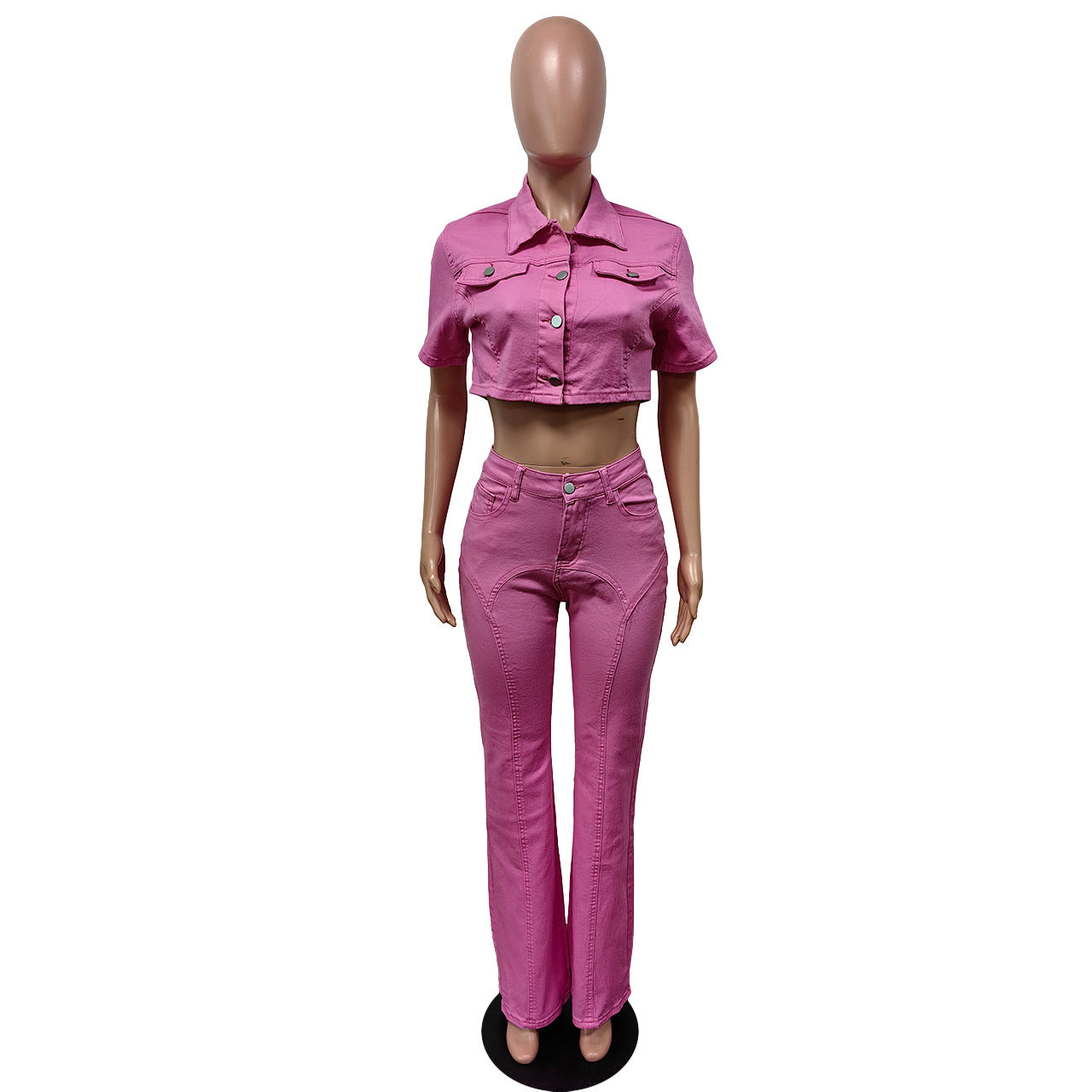 Spring And Summer Denim Short Sleeve Suit Solid Color Jacket Bell Bottom Stretch Pants Two Piece Set 24