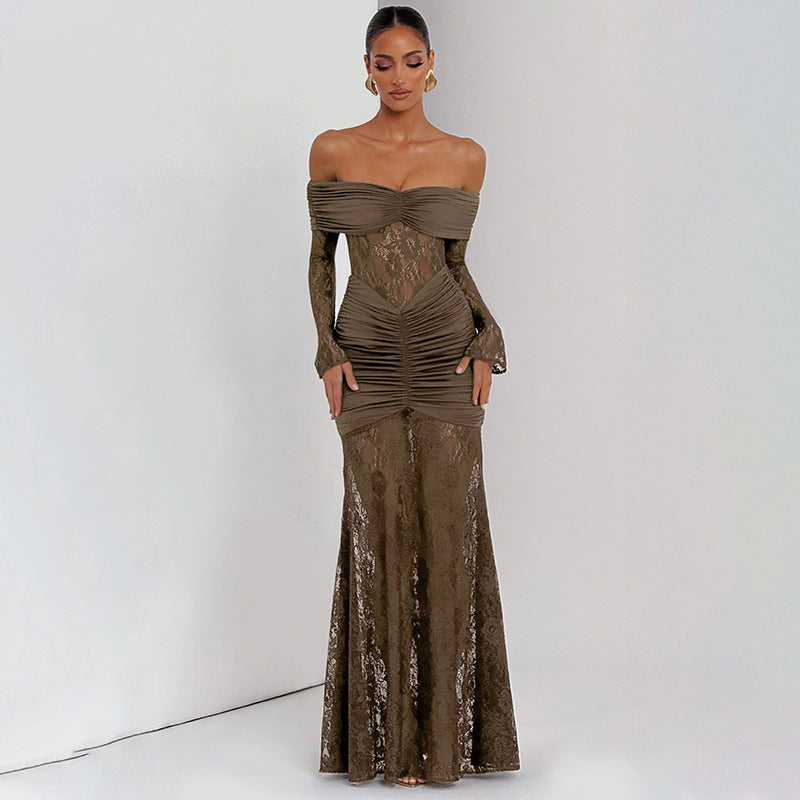 Women's Chic Lace Patchwork Off-Shoulder Slit Long Sleeve Ruffle Maxi Dress 6