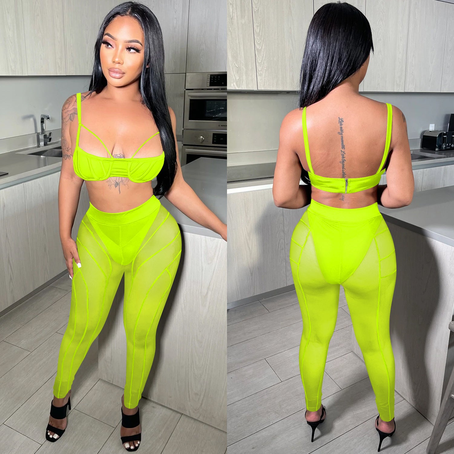 Women sexy bra strap zipper mesh See-Through trousers two-piece set 3