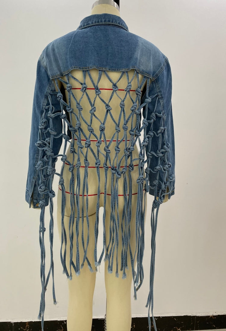 Autumn Casual Blue Loose Medium Long Tassel Denim Jacket 6