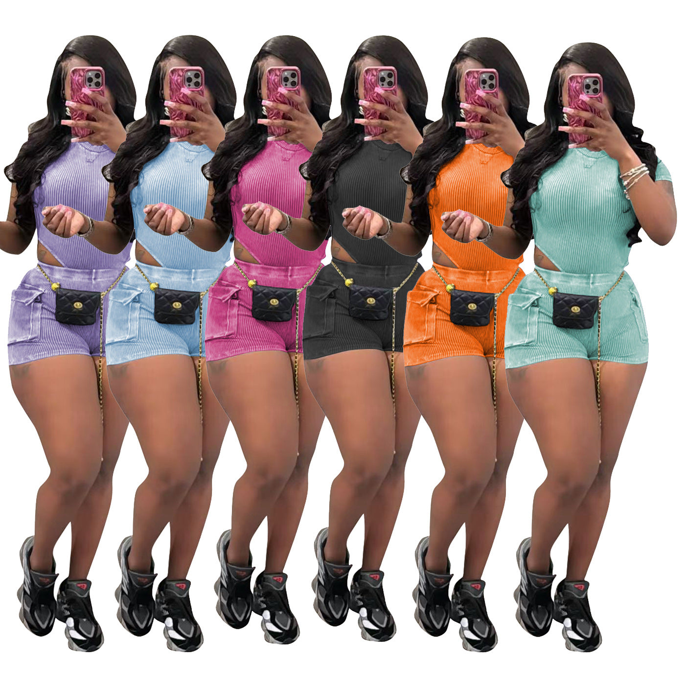 Women's Casual Solid Color  Short Sleeve Bodysuit Shorts Two Piece Set 8