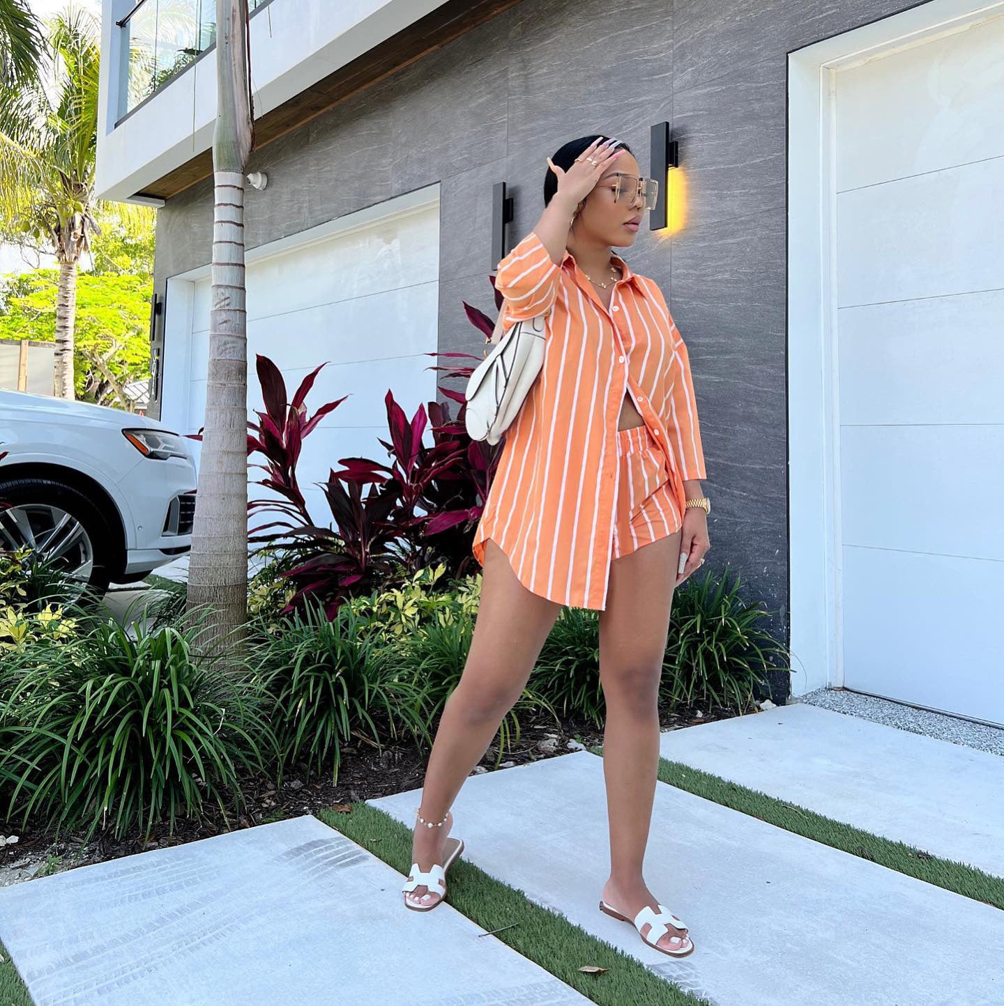 Women Casual Fashion Stripe Print Pocket Shirt and Shorts Two-Piece Set