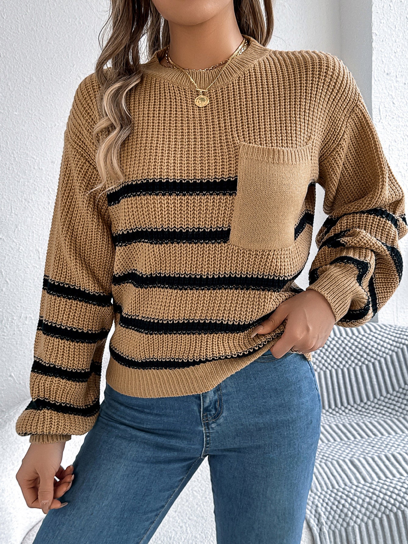 Women Casual contrast striped pocket lantern sleeve sweater 8