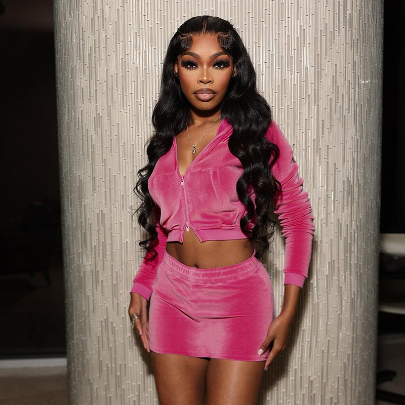 Women Sexy Hooded Long-Sleeved Crop Top and Skirt Two-Piece Casual Set 4