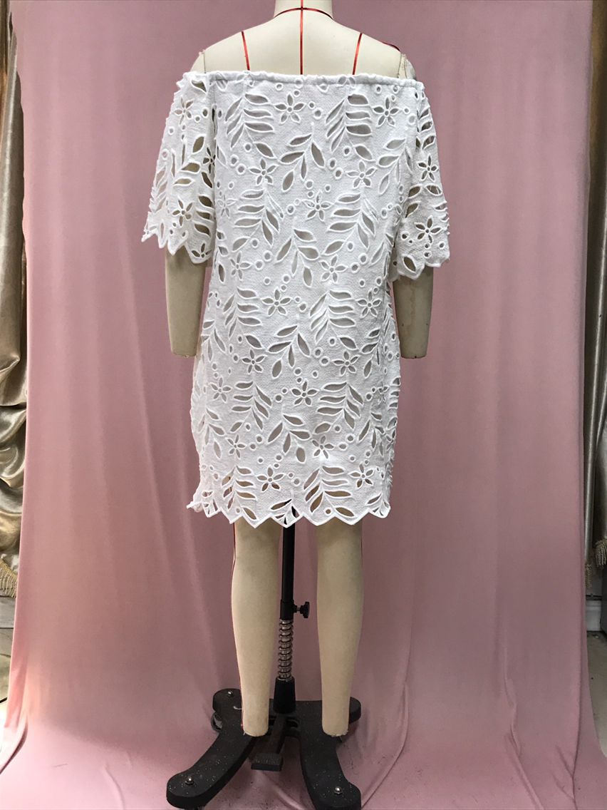 Spring Summer Solid Color Lace Half-Sleeve Off Shoulder Fashion Casual Dress 19