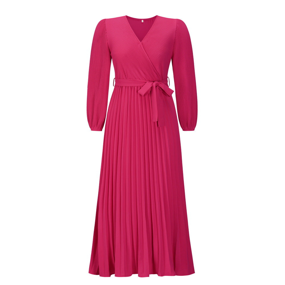 Women Autumn V-Neck Long Sleeve Pleated Maxi Dress 11