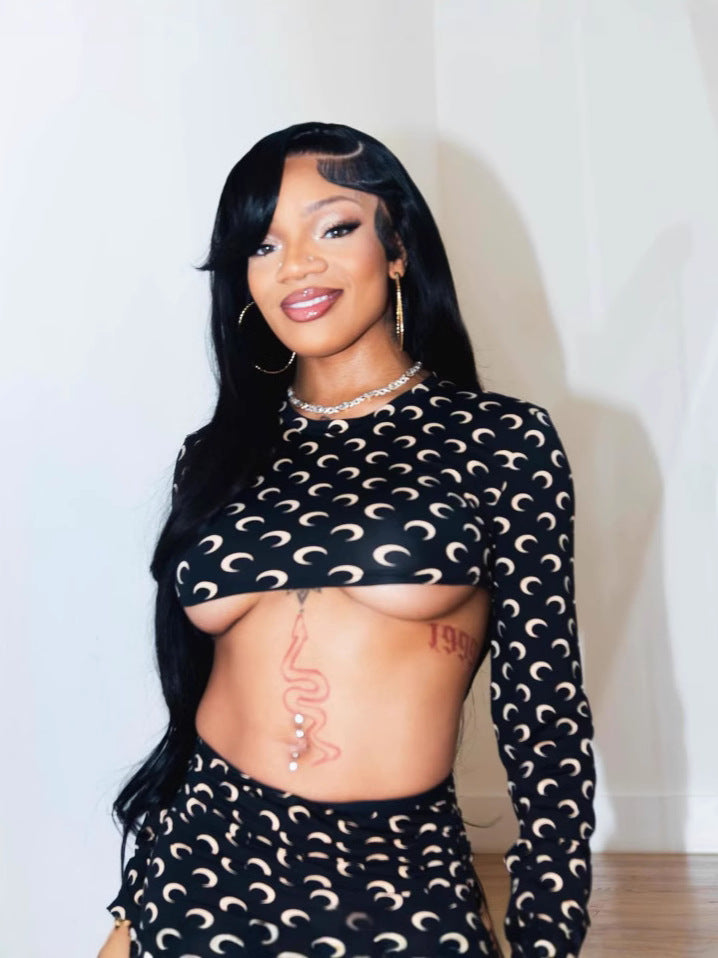 Women Sexy Long Sleeve Crop Top and Skirt Two-Piece Set 3