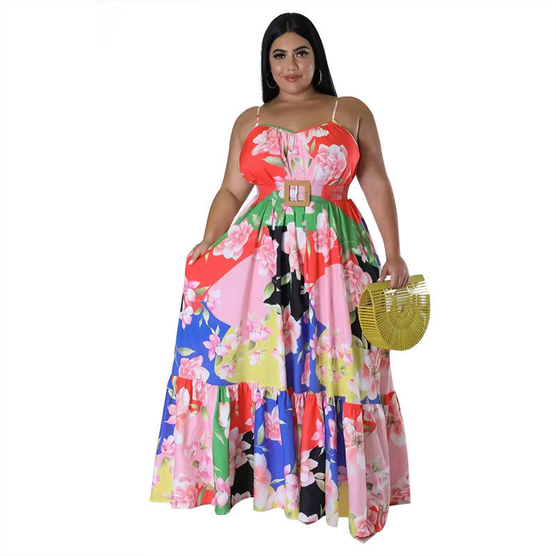 Plus Size Women Summer Sexy Off Shoulder Pleated Print Strap Dress 11
