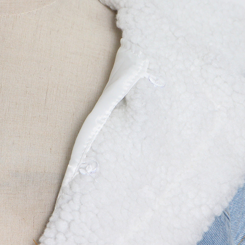 Women Denim Lamb Wool Autumn and Winter Patchwork Style Single Breasted Crop Jacket 18