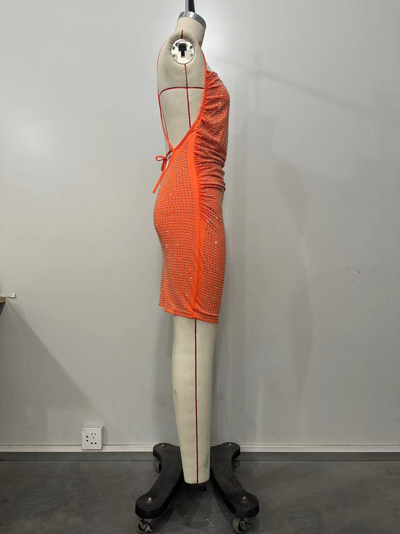 Women Solid Beaded Halter Neck Lace-Up Dress 6