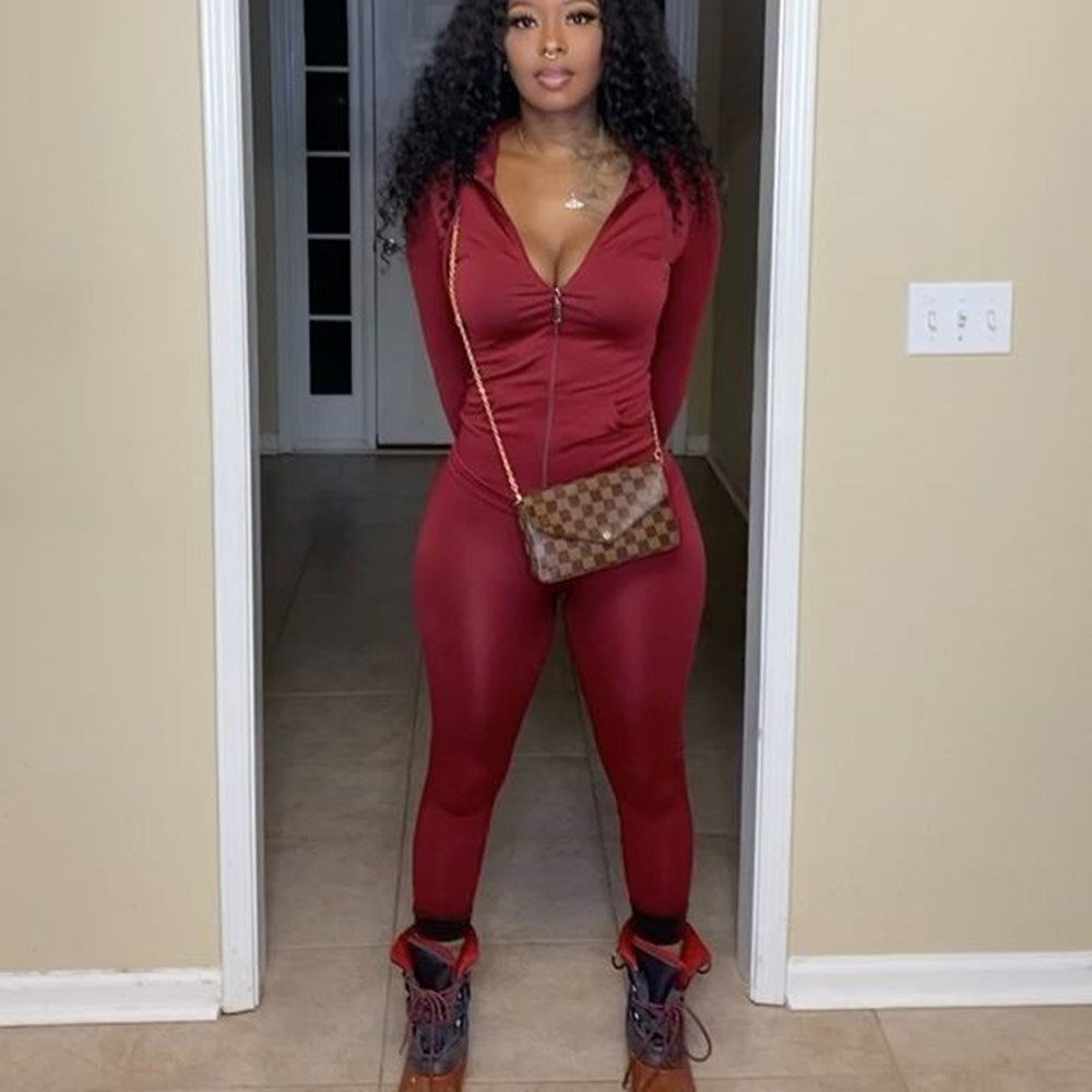 Women Casual Solid Long Sleeve Zip Top and Pant Two-Piece Set 25