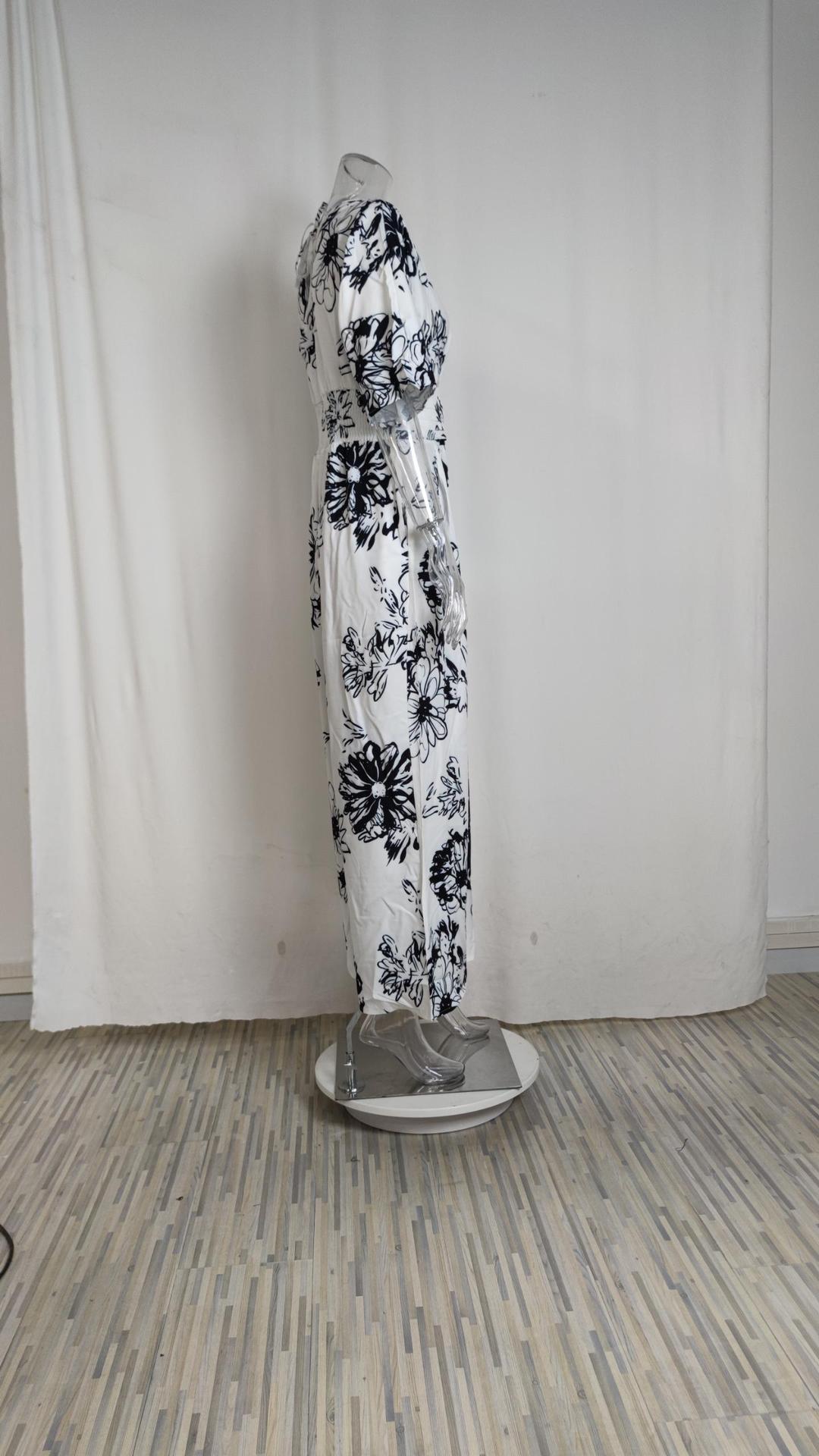 Summer Women's Fashionable And Elegant Print Bat Sleeves Slim Waist V-Neck Jumpsuit 15