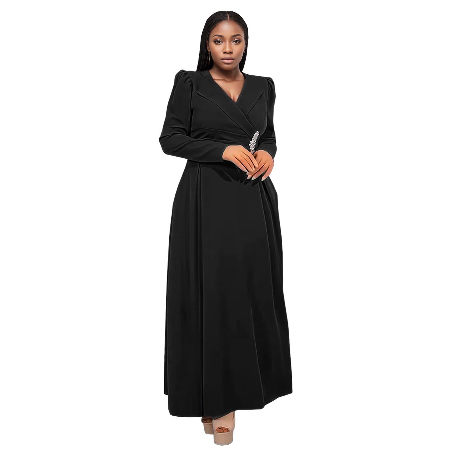 Women Cross Turndown Collar Long Sleeve Dress 12